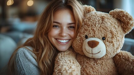A cheerful woman happily embracing a soft teddy bear