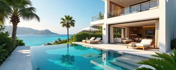 Obraz premium Luxurious townhouse holiday villa with private pool and stunning views Perfect for a relaxing getaway, boasting modern amenities and spacious interiors , amenities, elegant, terrace