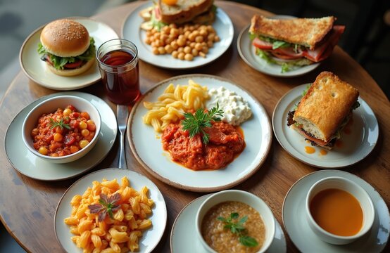 Various food dishes served on wooden table. Plates include burgers sandwiches pasta salads soups appetizers. Restaurant cafe lunch meal. Healthy fresh organic food.