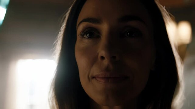 A calm caucasian woman with soft lighting on her face, seen through shattered glass, suggesting resilience amidst chaos or difficulty. Concept of strength and composure in adversity