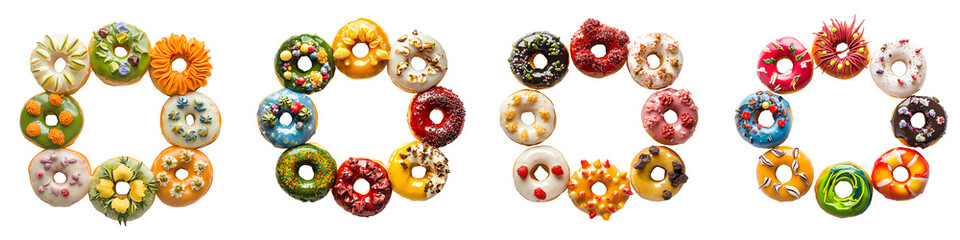 Set of top view of assorted donuts in a circle arrangement, isolated on white background.