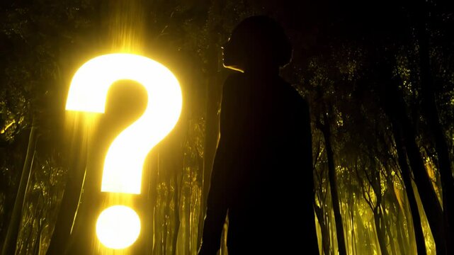 A large, glowing yellow question mark hovers in a dark, mysterious forest with silhouetted trees and a shadowy figure on the right. Concept of mystery, unknown, or existential question