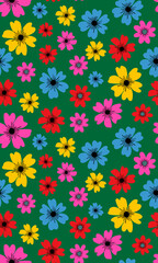 seamless floral pattern bright colorful flowers green background botanical design spring summer abstract backdrop wallpaper textile digital illustration