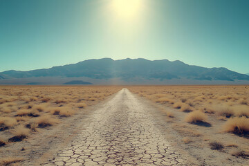 Cracked Earth Road Leading to Distant Mountains Under a Pale Blue Sky and Bright Sun.