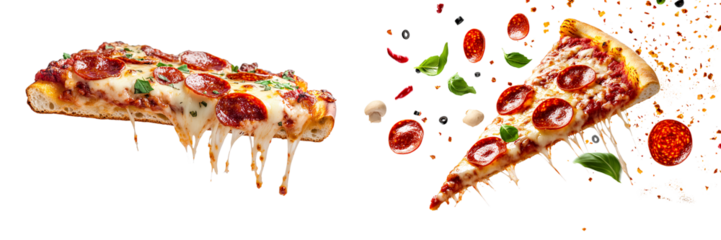 Two flying slice of pepperoni pizza with cheese strings, isolated on white background.