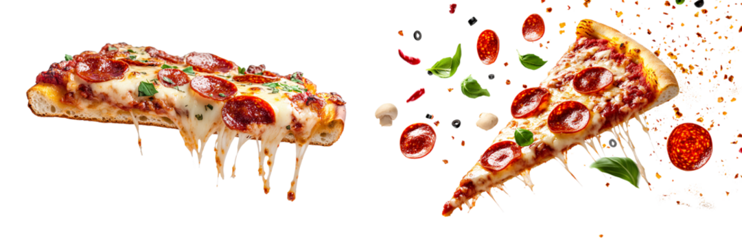 Two flying slice of pepperoni pizza with cheese strings, isolated on white background. - Powered by Adobe