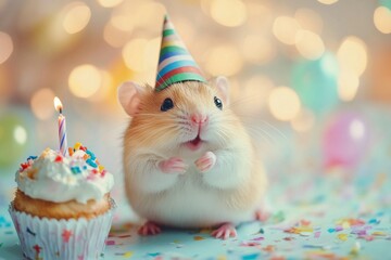 Hamster celebrating birthday with tiny cake and party hat