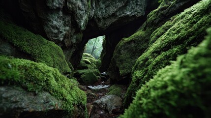 Obraz premium Enchanting Narrow Cave Entrance Surrounded by Lush Green Moss and Stones in a Serene Forest Setting