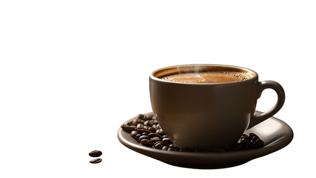 Freshly brewed coffee cup with steam surrounded by roasted coffee beans on black background