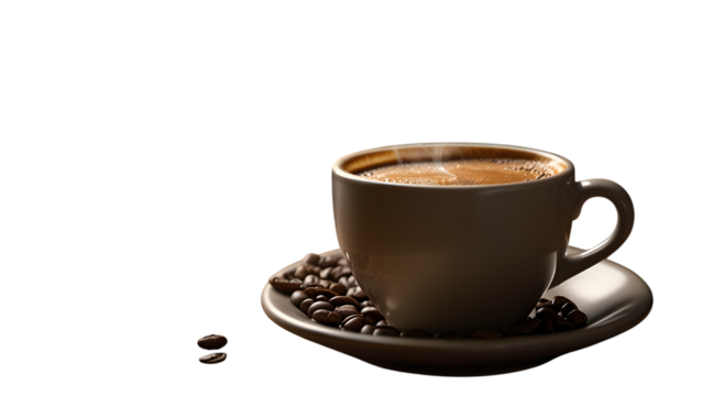 Freshly brewed coffee cup with steam surrounded by roasted coffee beans on black background