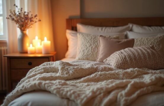 Cozy bedroom design with soft lighting. Bed with pillows, warm blanket creates peaceful atmosphere. Candles on bedside table, dried flowers in vase near window. Hygge, comfort, relaxation theme.
