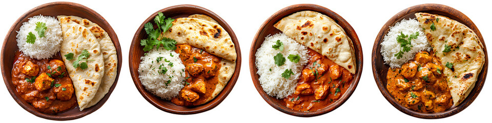 Set of chicken tikka masala plated with rice and naan on rustic clayware, isolated on white background.