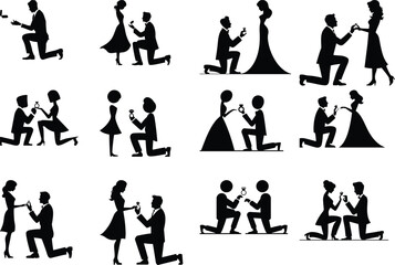 Man Kneeling Proposal Silhouette Set – Romantic Engagement Pose Collection Proposal Silhouette Vector – Man on Knee Asking for Marriage Clipart