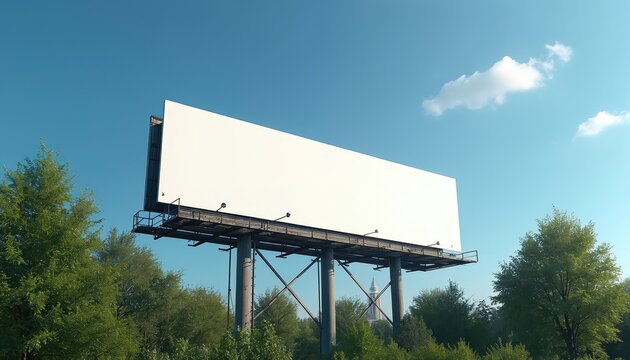 Large blank billboard against blue sky. Empty advertising space for promotion. Metal structure in green trees, foliage with copy space, commercial, marketing design. Sunny day, clear, bright, outdoor