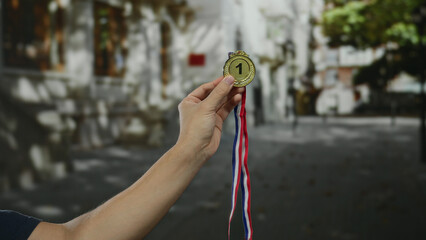 Man holding a gold medal with a number one in the city street, showcasing achievement and success...