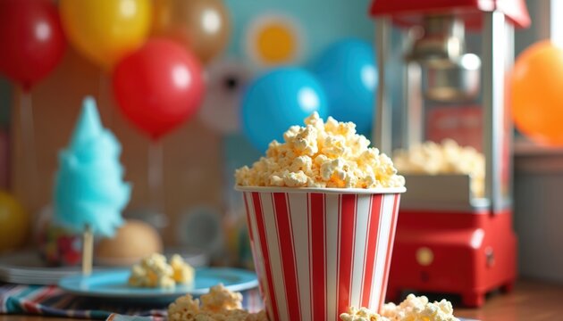 Home party carnival theme with popcorn in red striped paper cup, balloons, cotton candy. Family celebration at home. Birthday party festive vibe. Fun, cheerful, bright colors and lights.