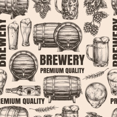 Craft beer brewery design with barrels and glasses