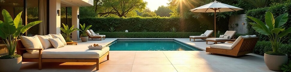 Sun-drenched patio with luxurious outdoor furniture, lush greenery, and a sparkling pool in the background, embodying a serene and elegant lifestyle , green, flowers, comfort