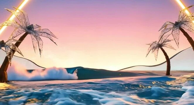 wave, ocean, sea, water, sunset, golden, hour, tropical, palm, trees, breaking, splash, motion, dynamic, seascape, beach, coast, surf, surfing, paradise, nature, power, energy, dramatic, pink, sky, cl
