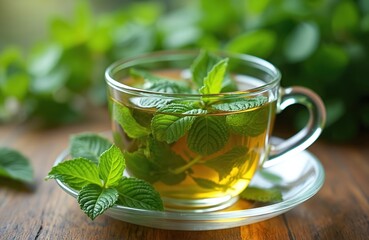 Freshly prepared mint tea in glass cup. Green herbal tea from fresh leaves. Hot beverage on rustic wooden table. Healthy drink for wellness relaxation.