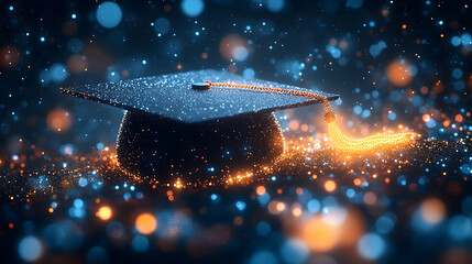 Sparkling graduation cap with a golden tassel surrounded by shimmering blue and orange particles on a dark background