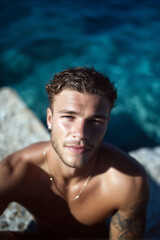 Young Man Standing by the Ocean at Sunset with Sparkling Water Reflection &ndash; Summer Vibes