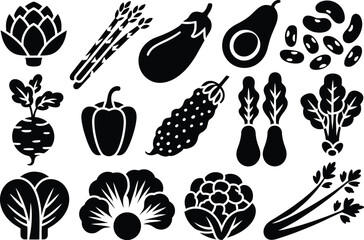 Assorted Fresh Vegetable Icons in Black Silhouette: Healthy Eating and Vegan Concept.