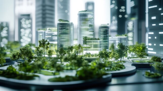 Futuristic city model showcasing sustainable urban design.