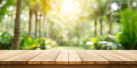 Wooden table surface against a lush green bokeh background of a tropical forest