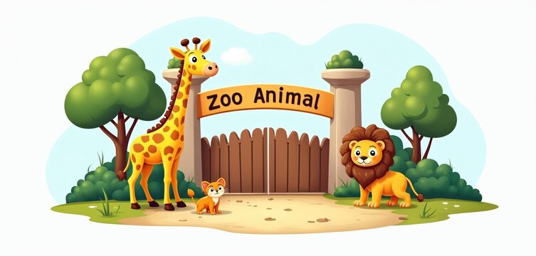 Cartoon zoo entrance with giraffe lion cub. Playful animals welcome visitors. Concept of adventure family visit children entertainment. Illustration design showcases wildlife environment fun.