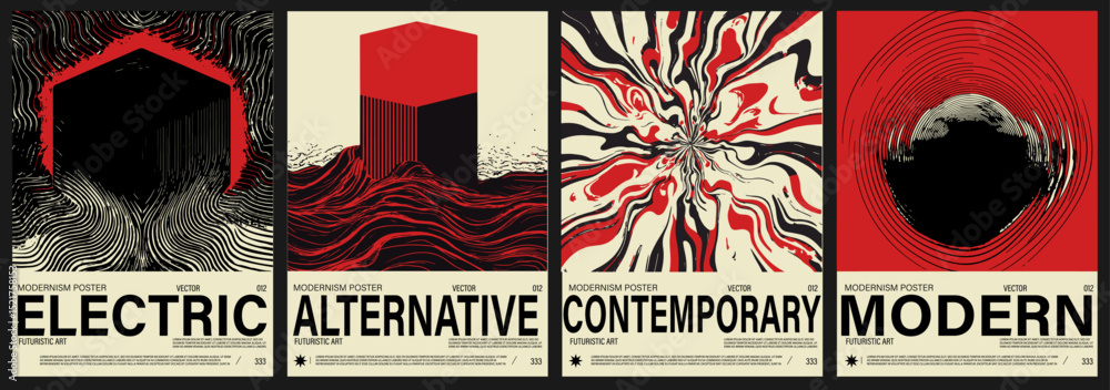 Aufkleber set of modern vector posters in op art style, featuring swirling lines and bold abstract shapes. the
