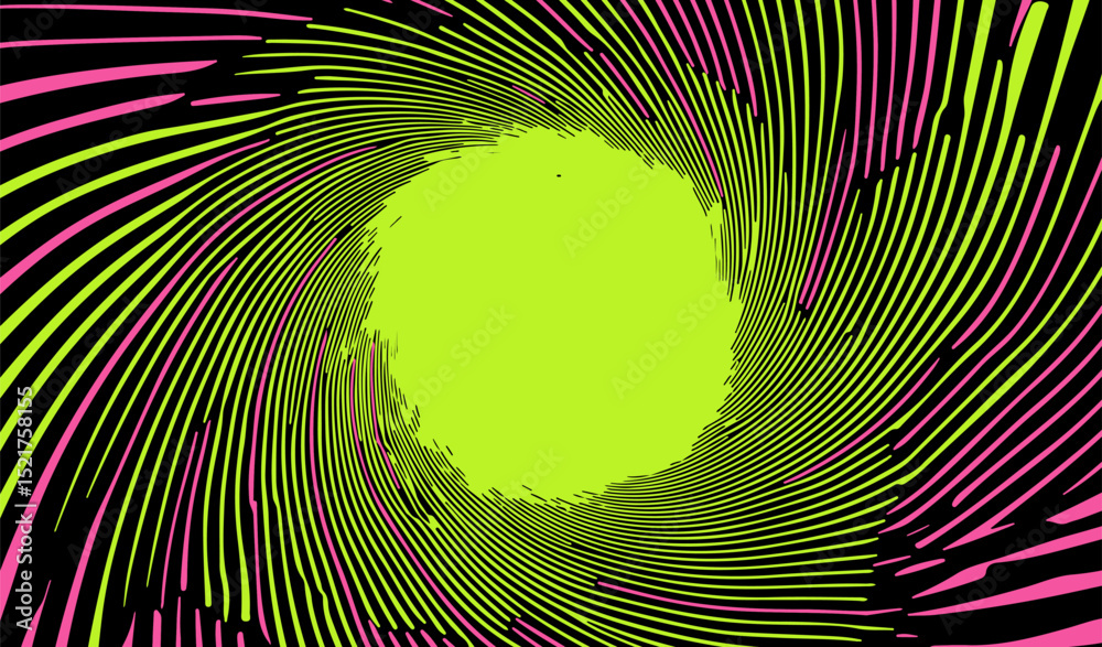 Aufkleber Vivid vector illustration in a modern op art style, with a neon central circle and swirling pink and green lines on black. Uses trendy colors and dynamic geometric shapes for bold visual impact.