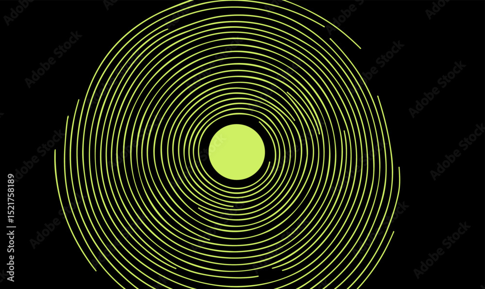 Aufkleber vivid vector illustration in a modern op art style, with a neon central circle and swirling green li