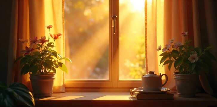Golden hour sunlight streams through a window, illuminating dust motes dancing in the warm, lazy rays of a Sunday morning Perfect for relaxation and peaceful vibes , sunlight, comfortable