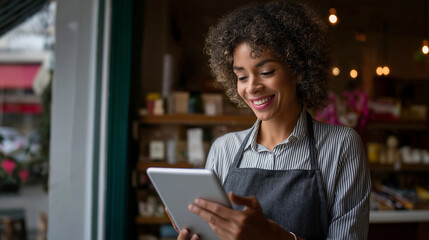 Smiling female barista using a digital tablet inside a cozy café.
