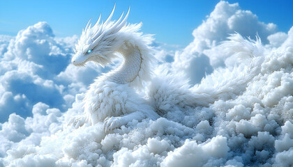 Fluffy white dragon rests among soft clouds under a bright blue sky