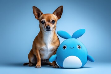Obraz premium Charming chihuahua poses with a delightful blue toy against a serene backdrop