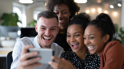 Fototapeta premium Diverse group of friends laughing while taking a selfie together in a modern office space. 