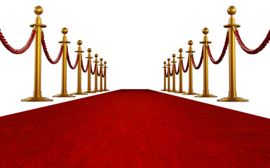 Red carpet and velvet ropes on transparent background. 3D illustration