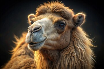 Obraz premium Close-up portrait of a brown dromedary camel's head in the desert, highlighting its face, fur, and eye