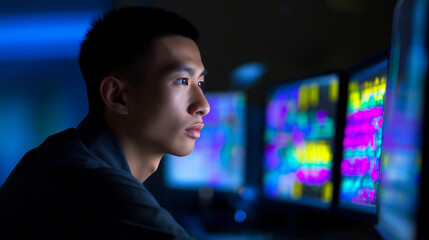 Cybersecurity analyst monitoring multiple high-tech data screens in a dark control room.
