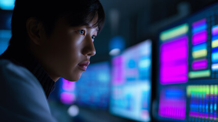 Cybersecurity analyst monitoring multiple high-tech data screens in a dark control room.
