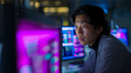 Cybersecurity analyst monitoring multiple high-tech data screens in a dark control room.
