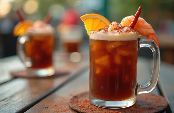 Micheladas, Mexican beer cocktails served on outdoor table. Mix includes beer lemon juice chili salt, shrimp, orange slices. Refreshing drink at bar, eatery. Popular party beverage for summer