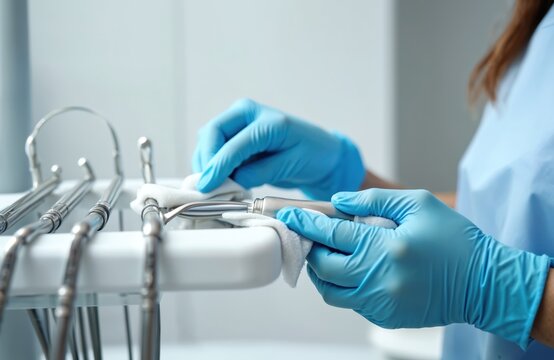 Dental assistant disinfects dental instruments in clinic. Doctor hands in blue gloves clean surface. Healthcare concept. Hygiene, sanitation in stomatology, dental office. Prevention, sterile