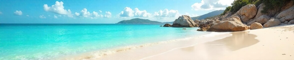 Fototapeta premium Serene coastal scene featuring soft, pale sand meeting tranquil turquoise water under a bright, clear sky Perfect for travel, vacation, or summer themes , turquoise, daylight, idyllic