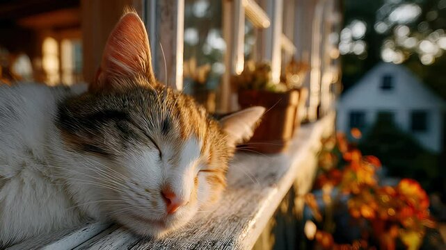 Calico Cat Napping Peacefully on a Wooden Porch Rail in Golden Sunlight with House and Flowers in the Background