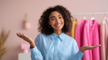 Smiling woman shrugging in front of a wardrobe filled with colorful clothes.
