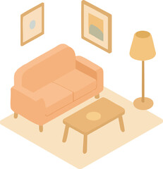 An isometric illustration of a cozy living room in a minimalist style. The image features a light peach sofa, a wooden coffee table, a floor lamp, and two abstract wall posters. The entire composition