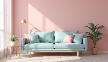 Bright living room interior design. Pastel pink wall, cozy blue sofa, pink pillows. Modern design, comfortable furniture, indoor plants, minimalistic style. Empty space, natural light. Home decor.